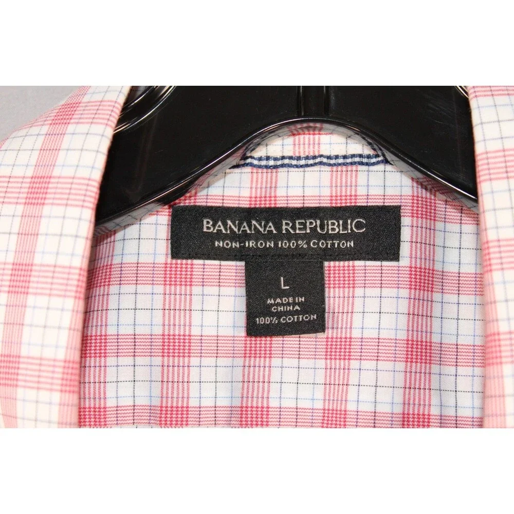 Banana Republic Pink White Check Non-Iron Dress Shirt Men's Large 100% Cotton